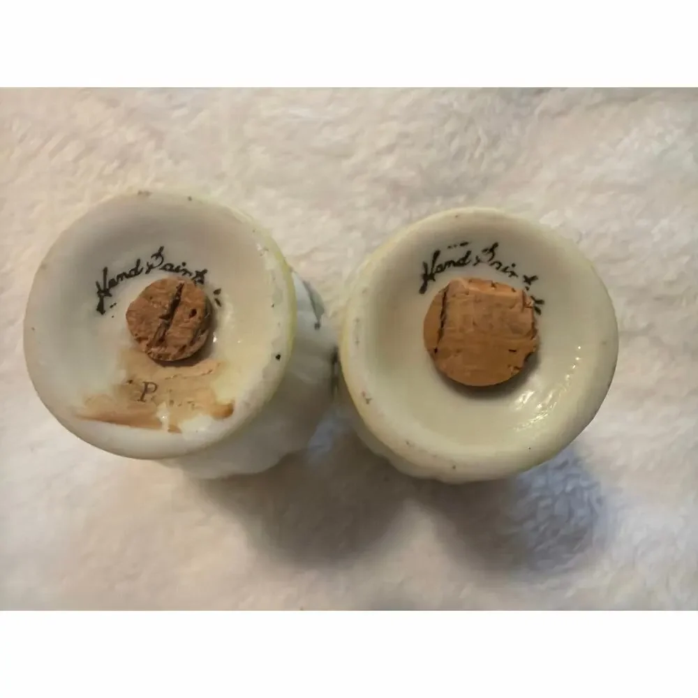 Vintage Hand Painted Rose Porcelain Salt & Pepper Shakers Pair Cork Stoppers
